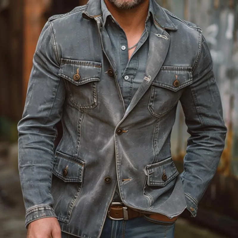 Men's Casual Lapel Washed Single Breasted Multi-pocket Denim Jacket 54082383M sold by Manly product image thumbnail 3