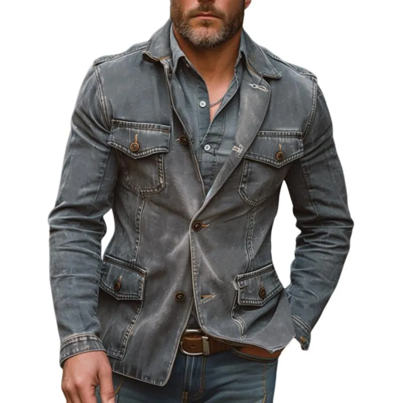 Men's Casual Lapel Washed Single Breasted Multi-pocket Denim Jacket 54082383M sold by Manly