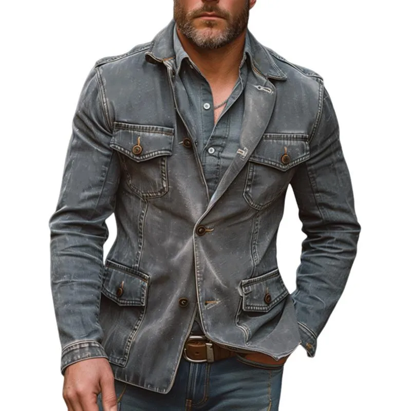 Men's Casual Lapel Washed Single Breasted Multi-pocket Denim Jacket 54082383M sold by Manly