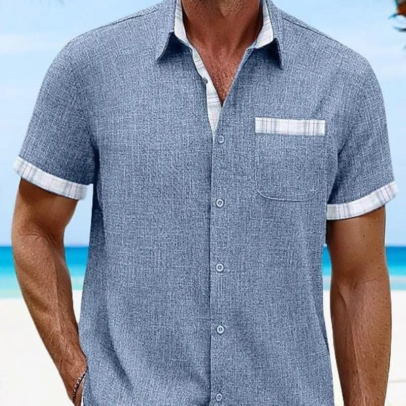 Men's Casual Cotton Linen Plaid Patchwork Lapel Slim Short-sleeved Shirt 19702686M sold by Manly product image thumbnail 3