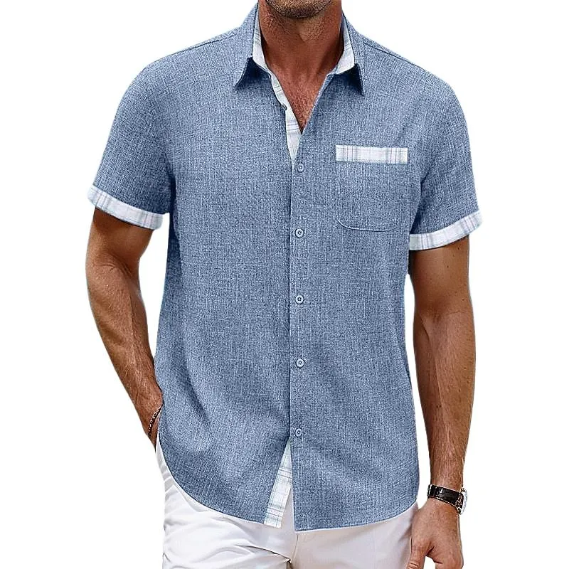 Men's Casual Cotton Linen Plaid Patchwork Lapel Slim Short-sleeved Shirt 19702686M sold by Manly