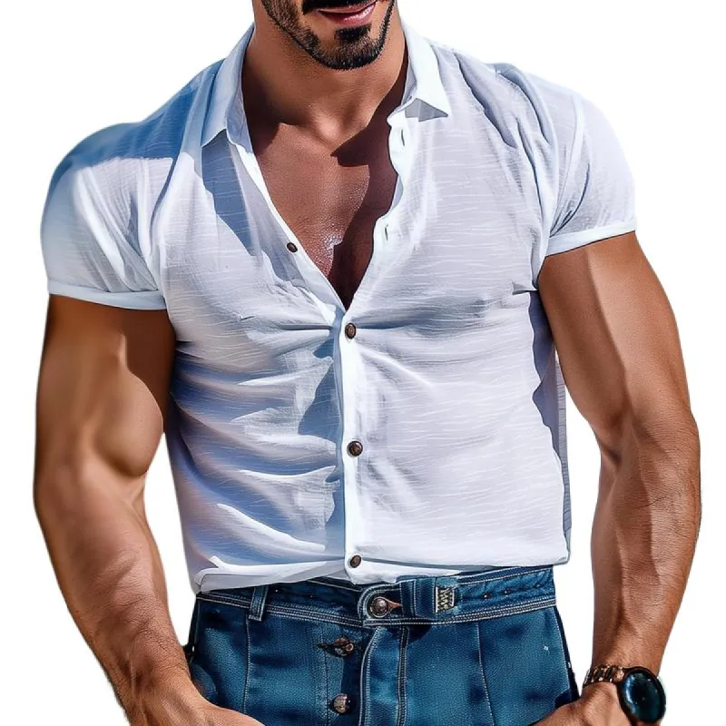 Men's Solid Color Lapel Short Sleeve Shirt 02791140Z sold by Manly