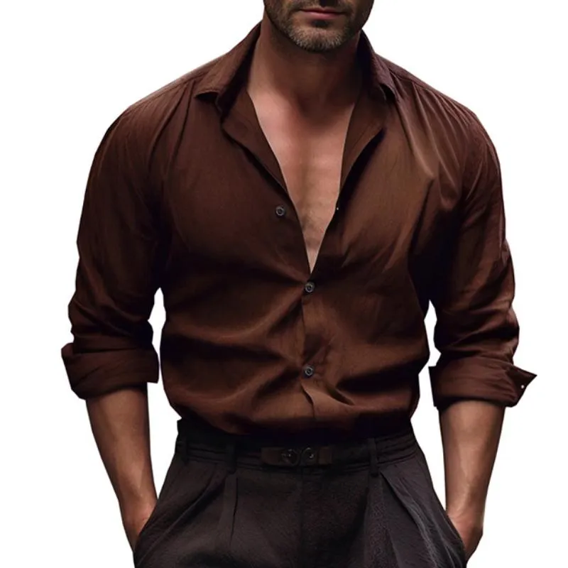 Men's Retro Casual Solid Color Cotton and Linen Long Sleeve Shirt 85895373TO sold by Manly