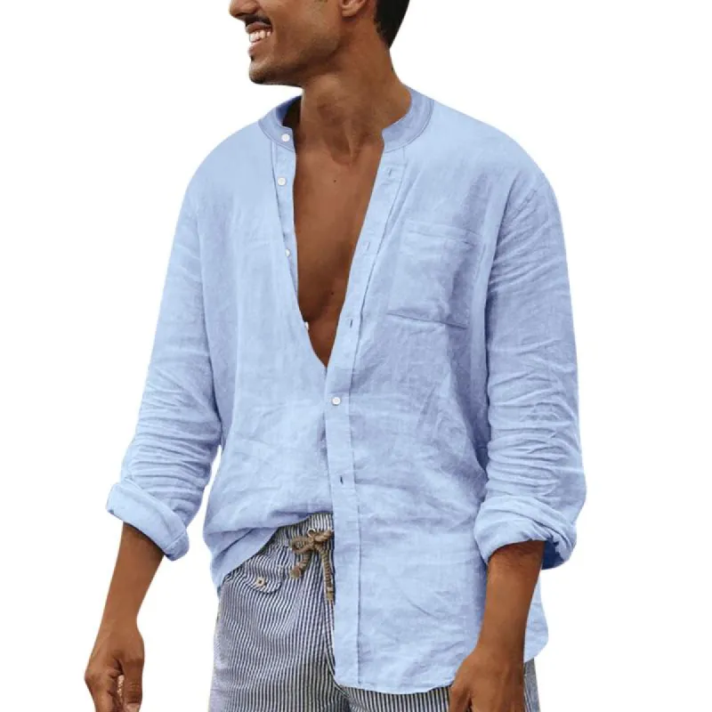 Men's Solid Color Cotton And Linen Loose Stand Collar Long Sleeve Shirt 14806639Z sold by Manly