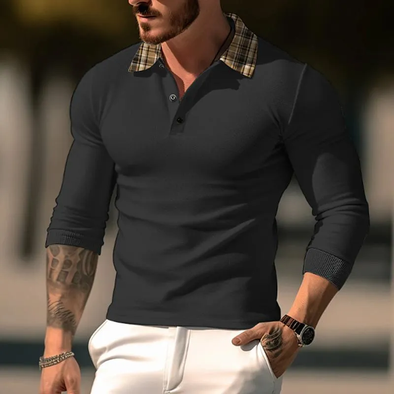 Men's Casual Plaid Printed Patchwork Long-Sleeved Polo Shirt 39471195Y sold by Manly product image thumbnail 3