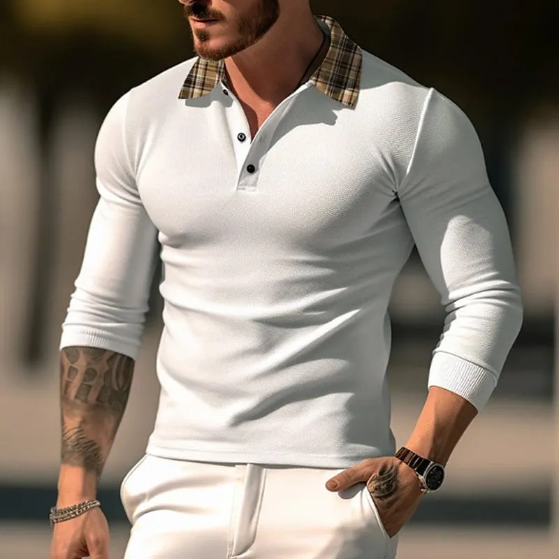 Men's Casual Plaid Printed Patchwork Long-Sleeved Polo Shirt 39471195Y sold by Manly product image thumbnail 2