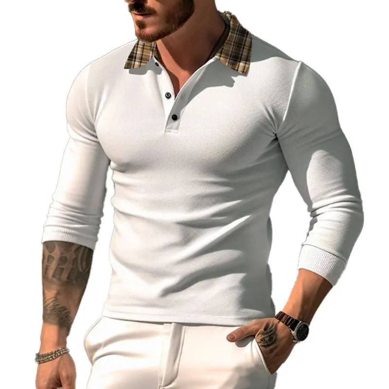 Men's Casual Plaid Printed Patchwork Long-Sleeved Polo Shirt 39471195Y sold by Manly