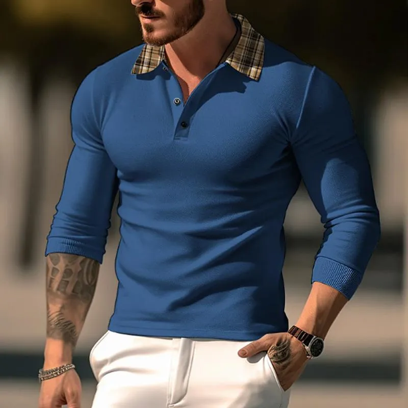 Men's Casual Plaid Printed Patchwork Long-Sleeved Polo Shirt 39471195Y sold by Manly product image thumbnail 4