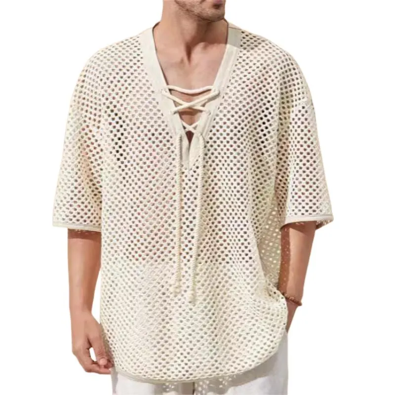 Men's Casual Lace-up V-neck Mesh Loose Mid-sleeve T-shirt 16686948M sold by Manly