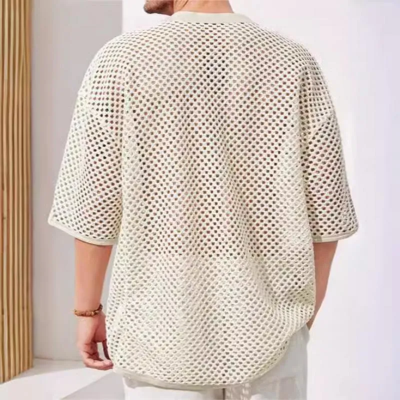 Men's Casual Lace-up V-neck Mesh Loose Mid-sleeve T-shirt 16686948M sold by Manly product image thumbnail 3