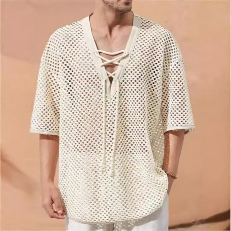 Men's Casual Lace-up V-neck Mesh Loose Mid-sleeve T-shirt 16686948M sold by Manly product image thumbnail 2
