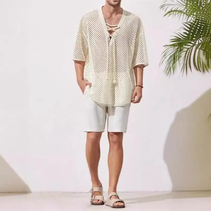 Men's Casual Lace-up V-neck Mesh Loose Mid-sleeve T-shirt 16686948M sold by Manly product image thumbnail 4