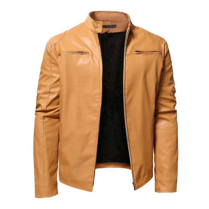 Men's Casual Solid Color Stand Collar Fleece Warm Zipper Leather Jacket 01647163M sold by Manly