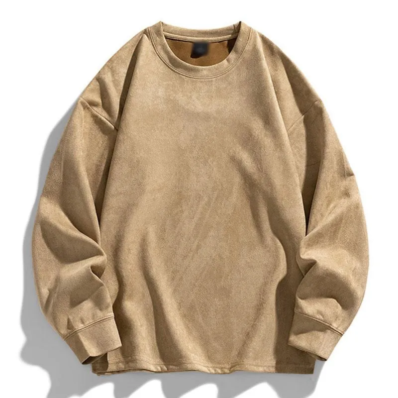 Men's Vintage Solid Color Suede Round Neck Loose Pullover Sweatshirt 99370869M sold by Manly