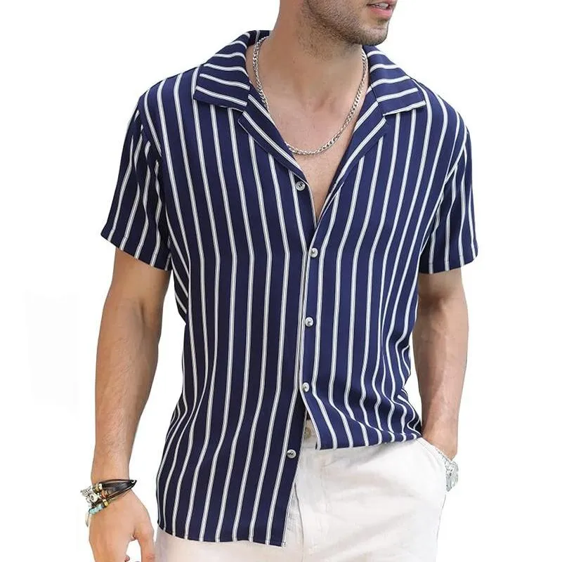 Men's Striped Lapel Short Sleeve Beach Shirt 58520019Z sold by Manly