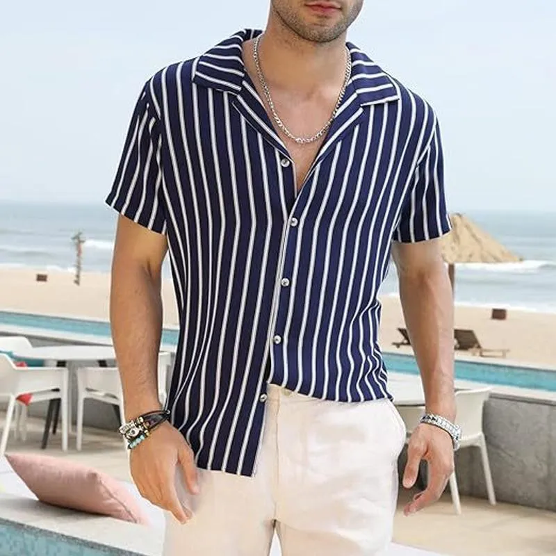 Men's Striped Lapel Short Sleeve Beach Shirt 58520019Z sold by Manly product image thumbnail 3