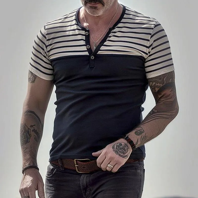 Men's Striped Patchwork Henley Collar Short Sleeve T-shirt 95342383Z sold by Manly product image thumbnail 2