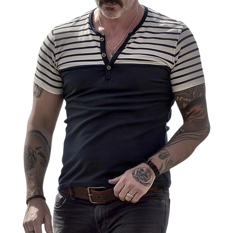 Men's Striped Patchwork Henley Collar Short Sleeve T-shirt 95342383Z sold by Manly