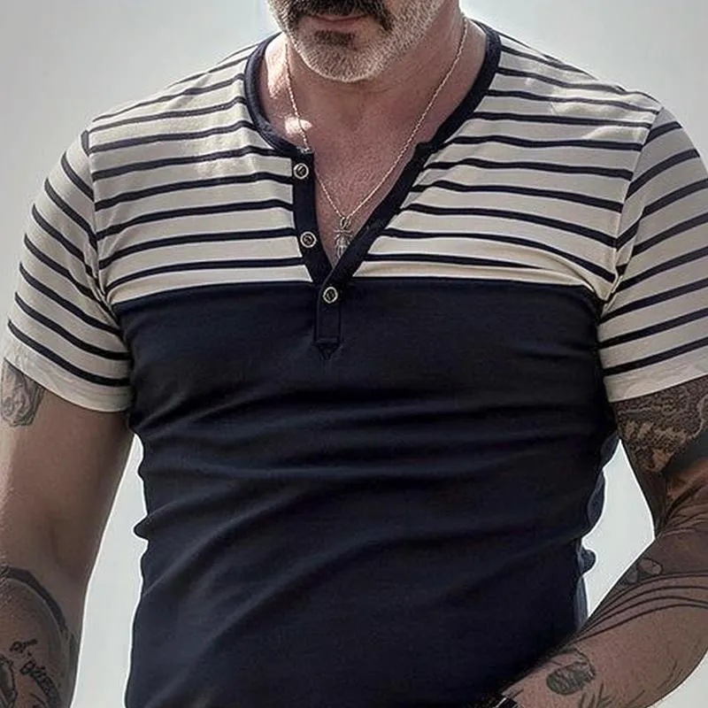 Men's Striped Patchwork Henley Collar Short Sleeve T-shirt 95342383Z sold by Manly product image thumbnail 3