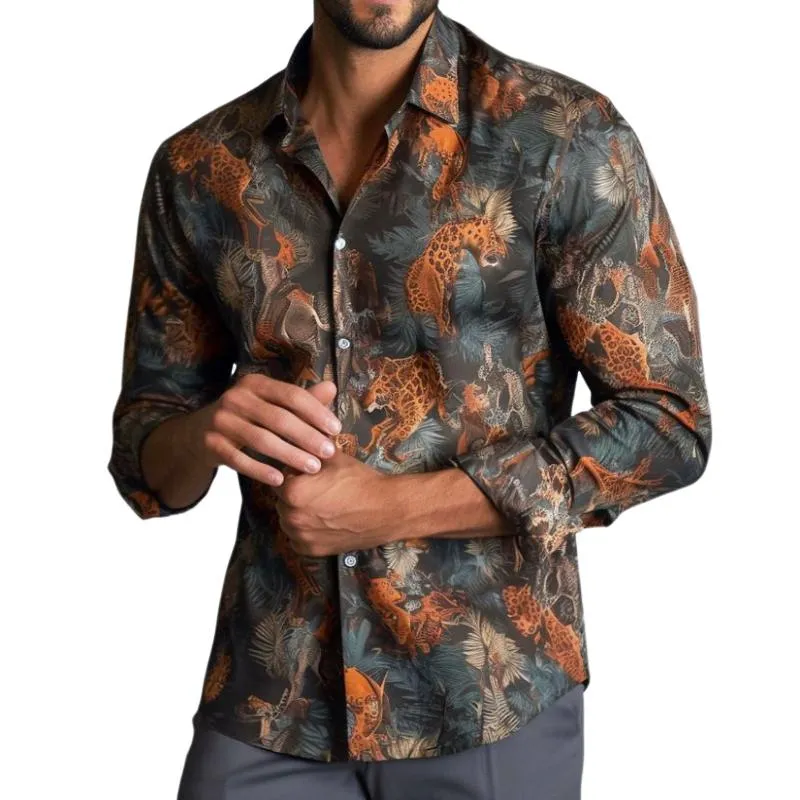 Men's Retro Casual Print Lapel Long Sleeve Shirt 07466592TO sold by Manly