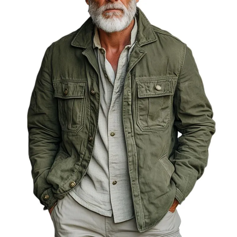 Men's Retro Solid Lapel Chest Pocket Single Breasted Cargo Jacket 66459050Z sold by Manly