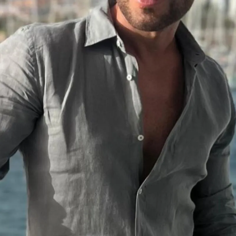 Men's Retro Casual Solid Color Cotton and Linen Long Sleeve Shirt 57035183TO sold by Manly product image thumbnail 3