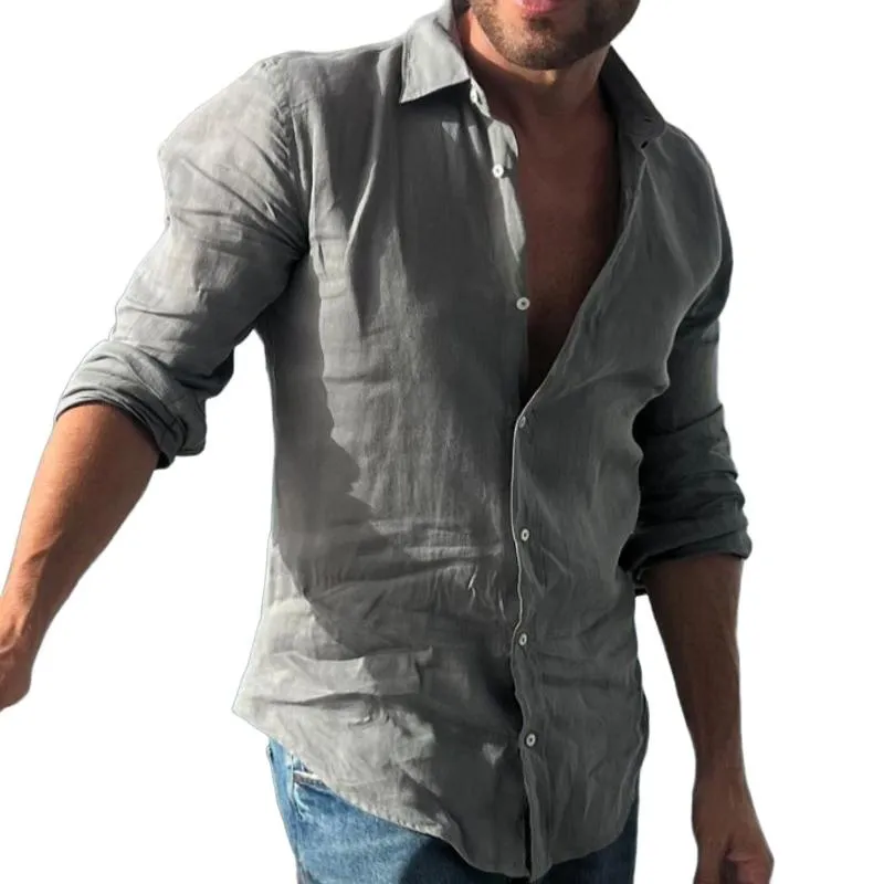 Men's Retro Casual Solid Color Cotton and Linen Long Sleeve Shirt 57035183TO sold by Manly