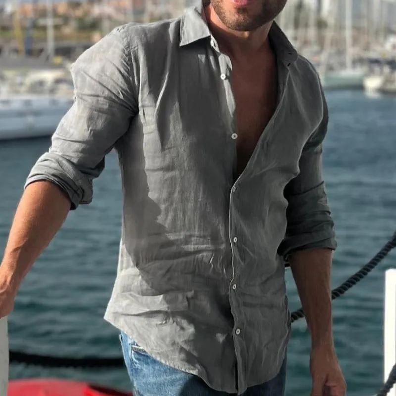 Men's Retro Casual Solid Color Cotton and Linen Long Sleeve Shirt 57035183TO sold by Manly product image thumbnail 2