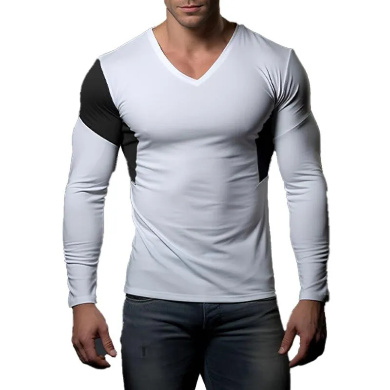 Men's Casual V-Neck Color Block Long Sleeve T-Shirt 96547744Y sold by Manly