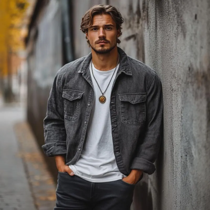 Men's Casual Denim Washed Lapel Single Breasted Loose Jacket 22336377M sold by Manly product image thumbnail 3