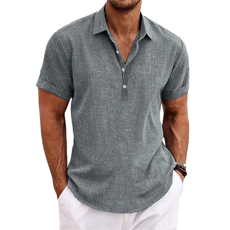 Men's Lapel Short Sleeve Cotton Linen Shirt 25671024Z sold by Manly