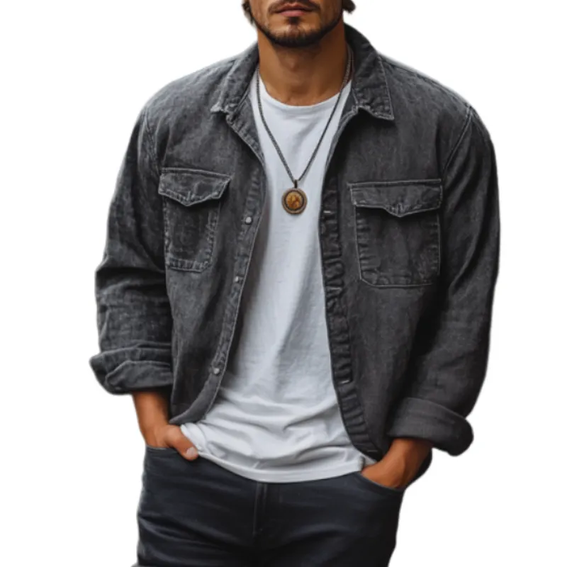 Men's Casual Denim Washed Lapel Single Breasted Loose Jacket 22336377M sold by Manly