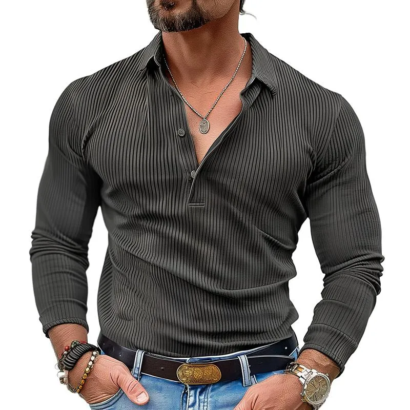 Men's Solid Color Striped Lapel Long Sleeve Polo Shirt 83604786Z sold by Manly