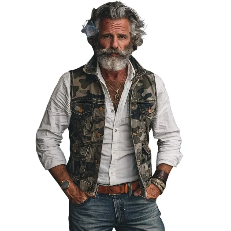 Men's Vintage Camouflage Multi-Pocket Single-Breasted Cargo Vest 31939454Y sold by Manly