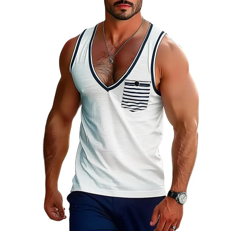 Men's Striped Colorblock Chest Pocket V-Neck Sleeveless Tank Top 83684559Y sold by Manly