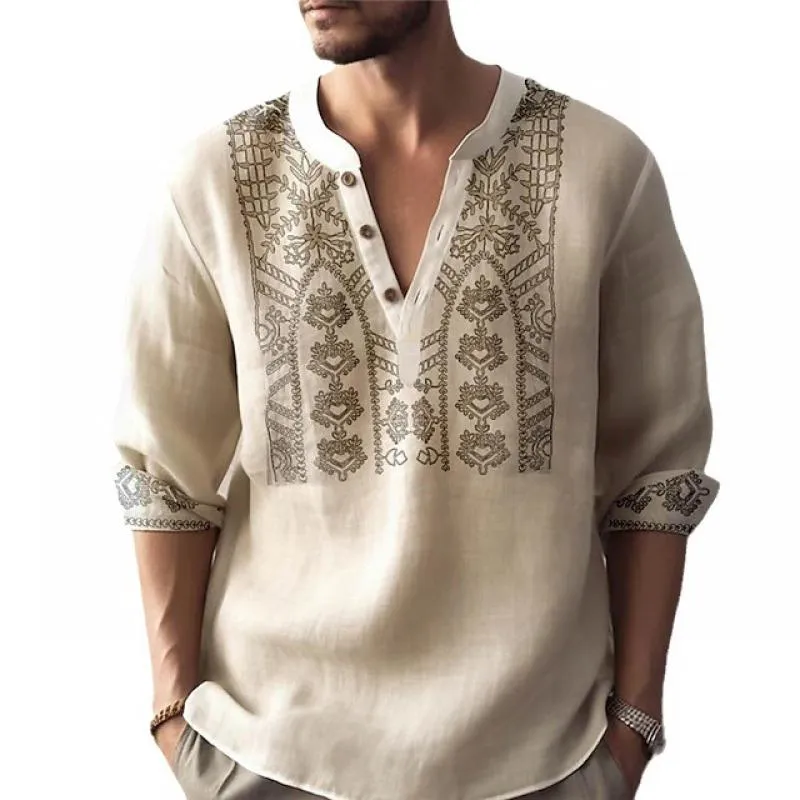 Men's Ethnic Print V Neck Long Sleeve Casual Shirt 63344347Z sold by Manly