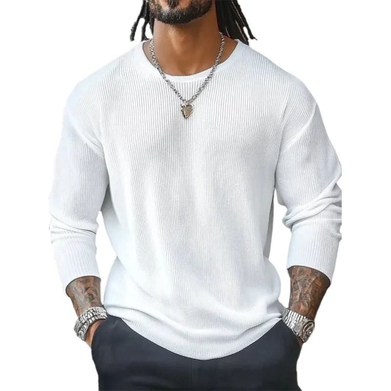 Men's Casual Round Neck Rib Stripe Slim Fit Long Sleeve T-Shirt 93728587M sold by Manly