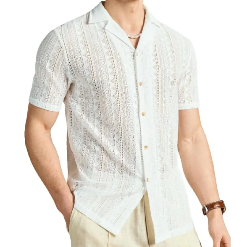 Men's Casual Solid Color Hollow Cuban Collar Short Sleeve Shirt 74966092Y sold by Manly