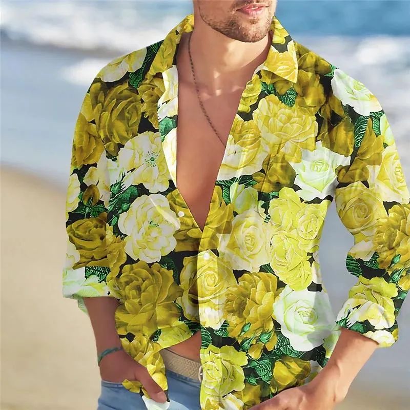 Men's Hawaiian Loose Rose Print Lapel Long Sleeve Shirt 82228008X sold by Manly product image thumbnail 3