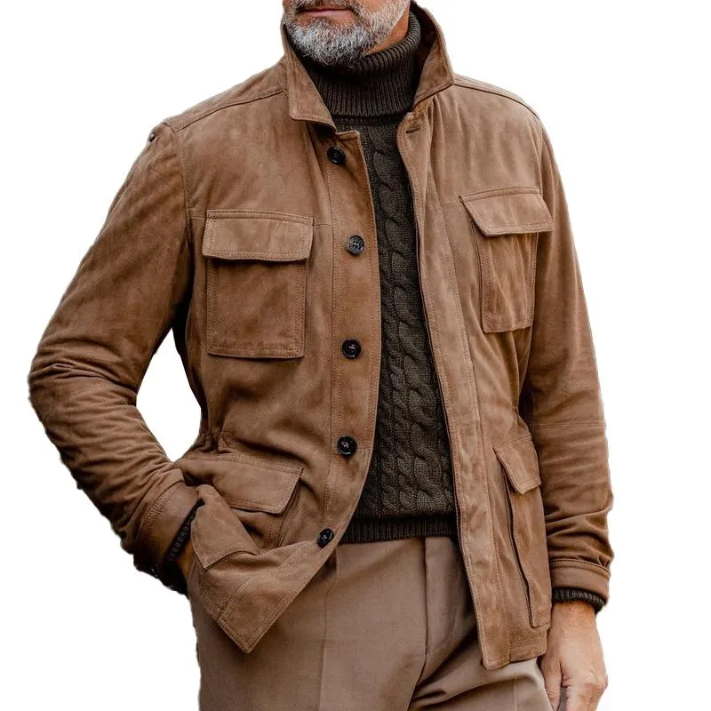 Men's Vintage Lapel Multi Pocket Solid Suede Jacket 84262271X sold by Manly