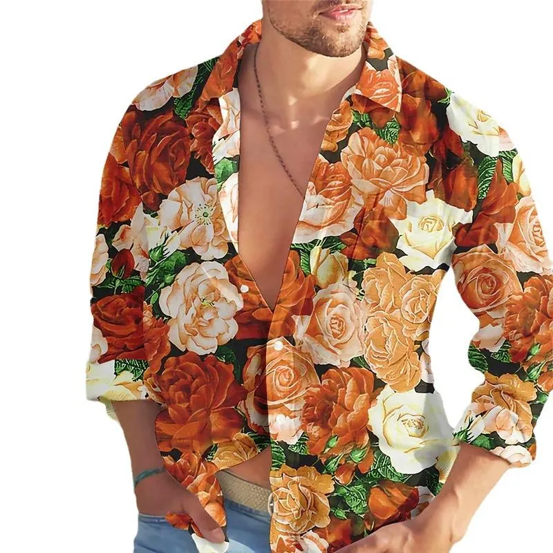 Men's Hawaiian Loose Rose Print Lapel Long Sleeve Shirt 82228008X sold by Manly