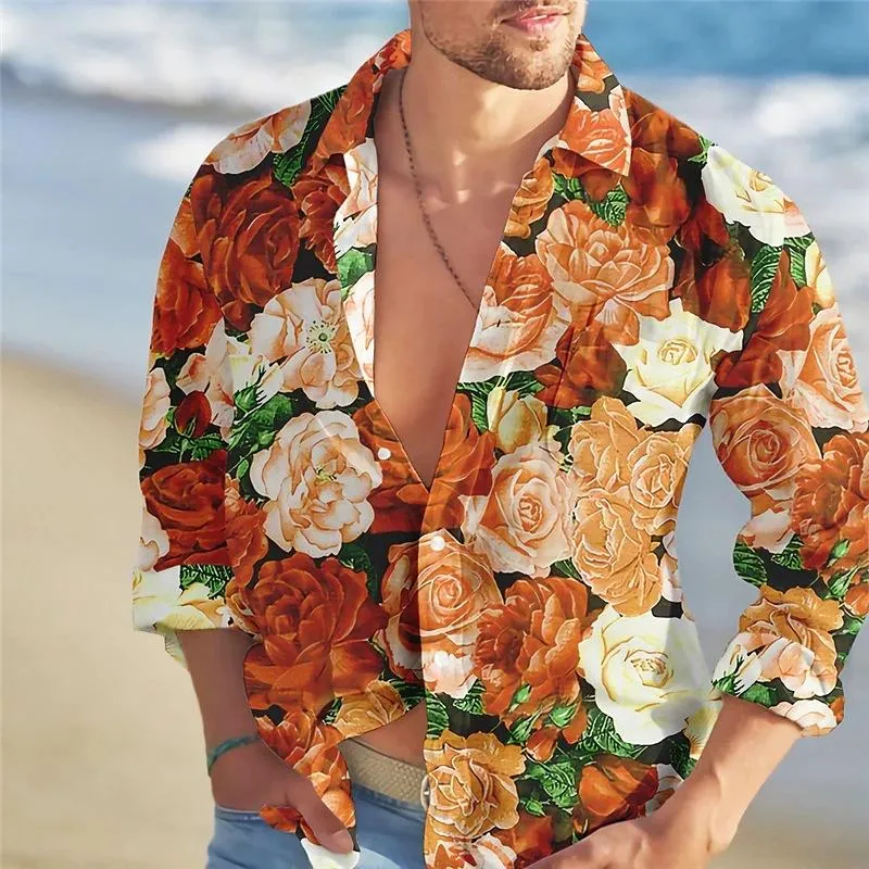 Men's Hawaiian Loose Rose Print Lapel Long Sleeve Shirt 82228008X sold by Manly product image thumbnail 5