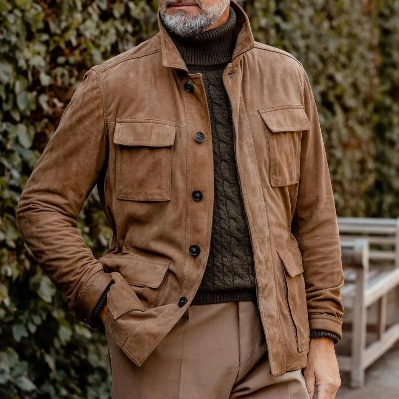 Men's Vintage Lapel Multi Pocket Solid Suede Jacket 84262271X sold by Manly product image thumbnail 2
