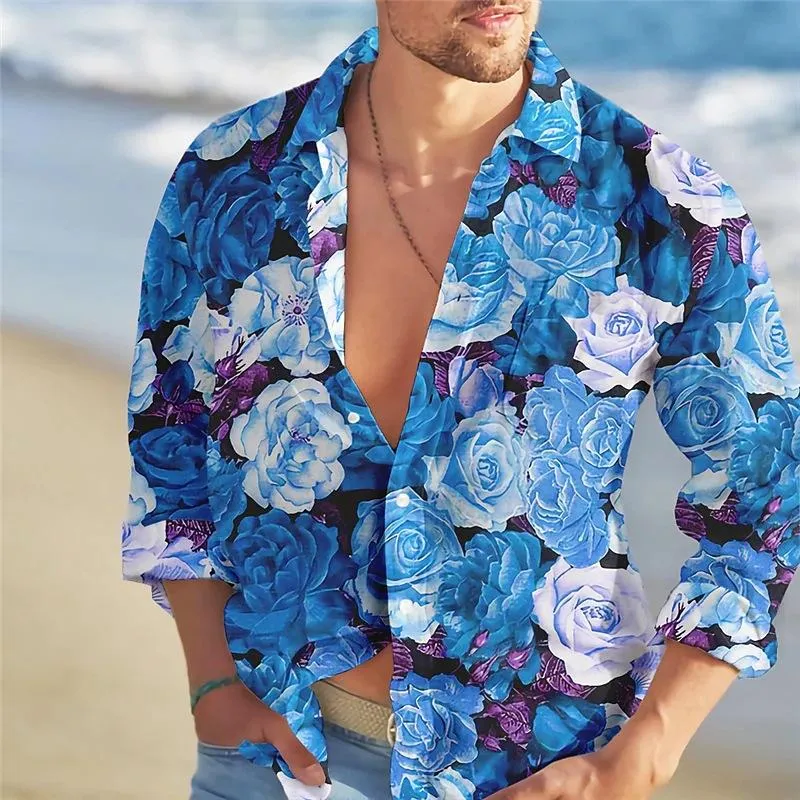 Men's Hawaiian Loose Rose Print Lapel Long Sleeve Shirt 82228008X sold by Manly product image thumbnail 4
