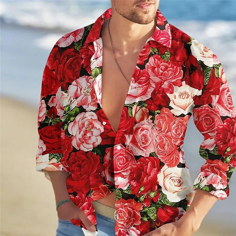 Men's Hawaiian Loose Rose Print Lapel Long Sleeve Shirt 82228008X sold by Manly product image thumbnail 2