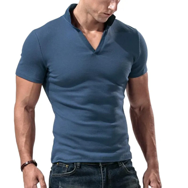 Men's Solid Color Lapel V-Neck Short-Sleeved Polo Shirt 94587381Y made by Manly