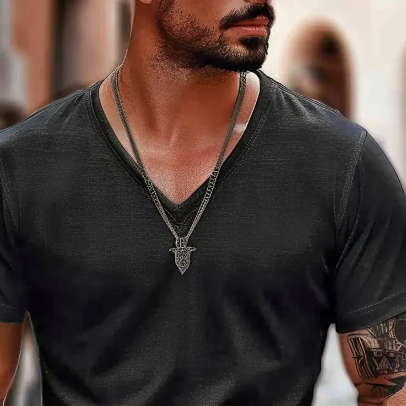 Men's V-neck Solid Color Cotton Short-sleeved T-shirt 49213189X sold by Manly product image thumbnail 3