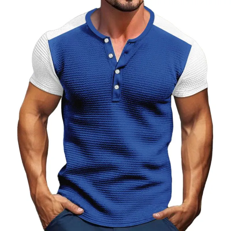 Men's Colorblock Henley Collar Short Sleeve Waffle Casual T-shirt 39527724Z sold by Manly