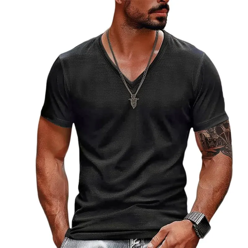 Men's V-neck Solid Color Cotton Short-sleeved T-shirt 49213189X sold by Manly