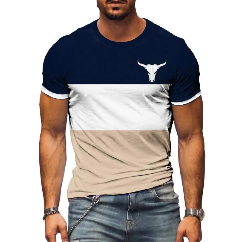 Men's Casual Color Block Cow Head Round Neck Short Sleeve T-shirt 43338932TO sold by Manly